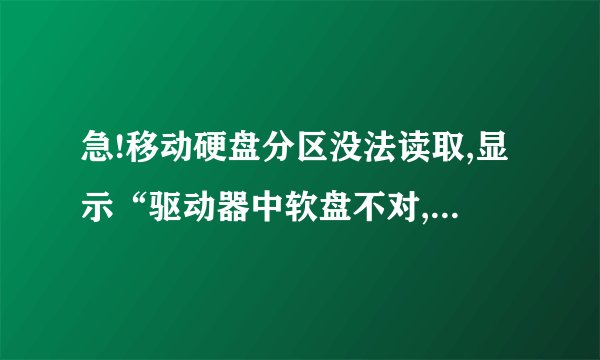 急!移动硬盘分区没法读取,显示“驱动器中软盘不对,将 插入[卷序列号:]驱动器”