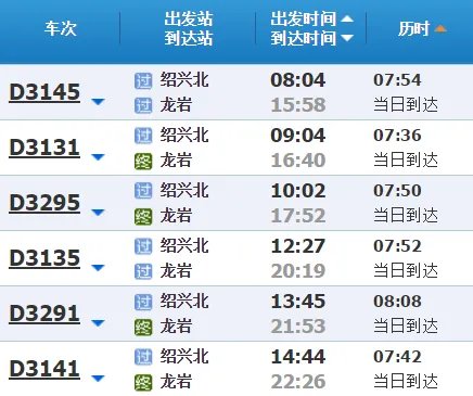 绍兴至龙岩火车站时刻表